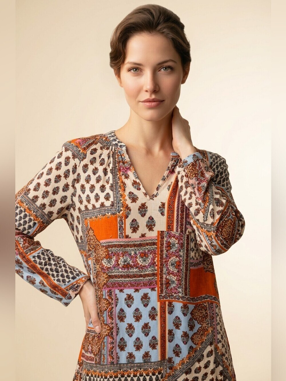 Christian Siriano Peasant Top Patchwork Paisley V Neck Sz S